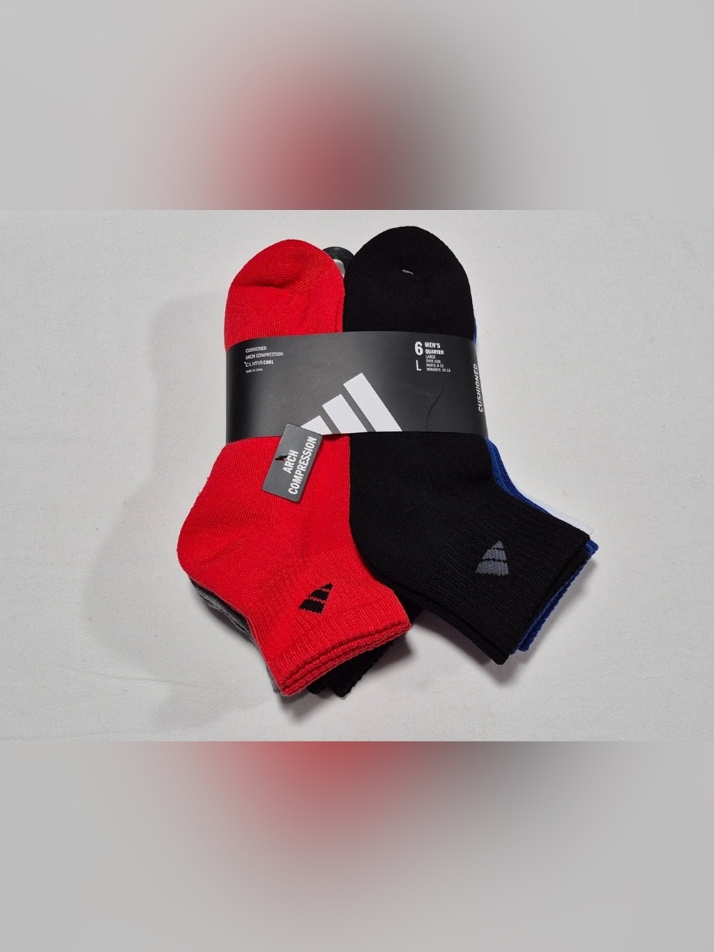 Adidas Men's 6-Pack Quarter Socks - Red, Black, Blue, Gray athletic cushioned